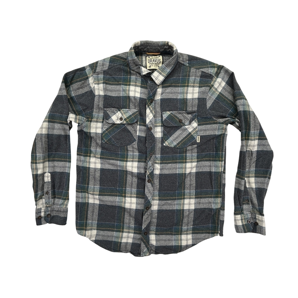 Dravus Shirt Mens Large Plaid Flannel Long Sleeve Green Gray Button Down Cotton